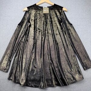 Show Me Your Mumu Gold Metallic Black Cold Shoulder Teddy Tunic XS Party Shiny